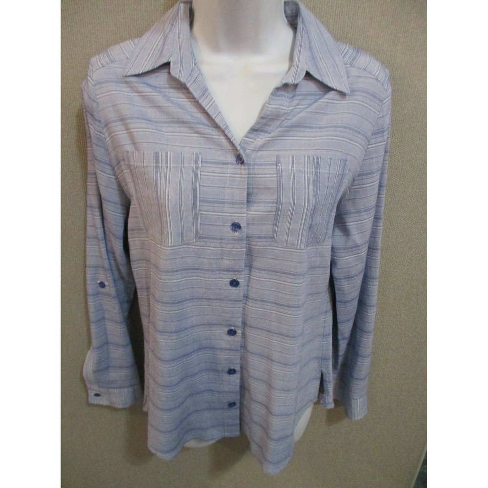 Chico's Blue Striped Tab Sleeve Shirt Chico's Size 0 (USA Size 4)